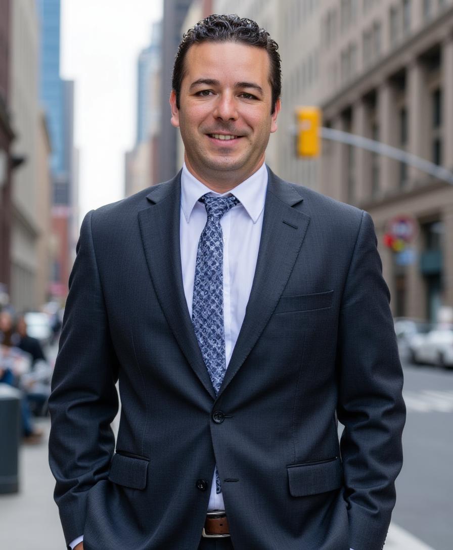 Mehdi Mezzaz — Directeur et manager opérationnel, en costume devant un décor urbain