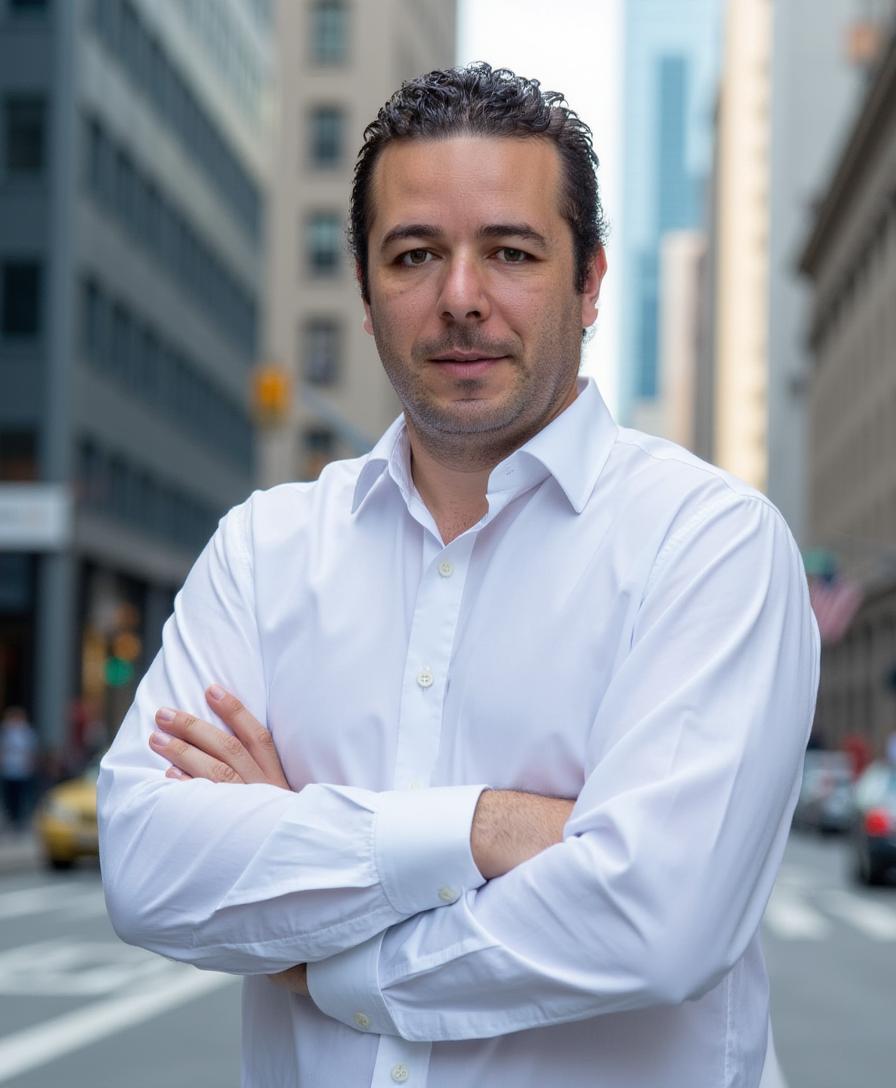 Mehdi Mezzaz en chemise blanche, bras croisés, posture assurée dans un décor urbain