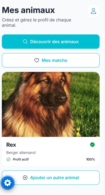 Écran « Mes animaux » : profil d'un berger allemand et accès aux matchs