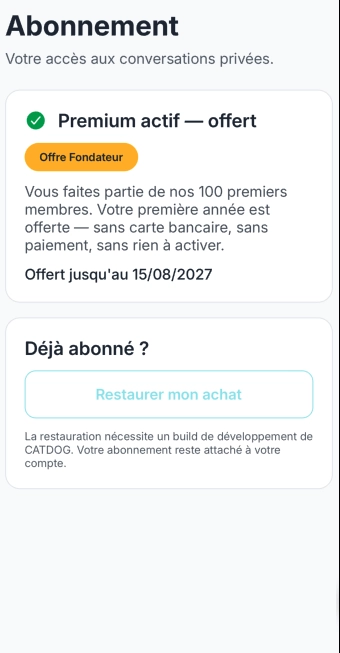 Écran d'abonnement CatDog Premium avec l'offre fondateur