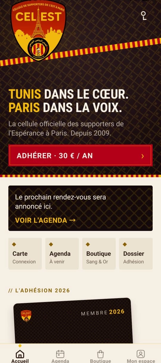 Application mobile : accueil avec adhésion, agenda, boutique et carte de membre