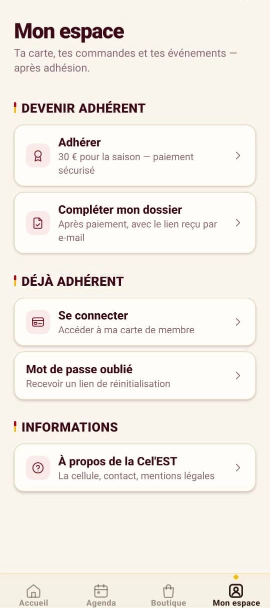 Application mobile : espace adhérent pour adhérer, compléter son dossier et accéder à sa carte de membre