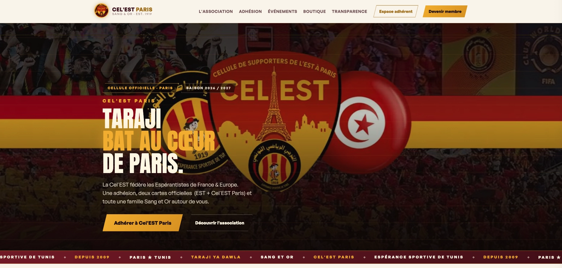 Page d'accueil du site celestparis.fr, avec l'adhésion et l'espace adhérent